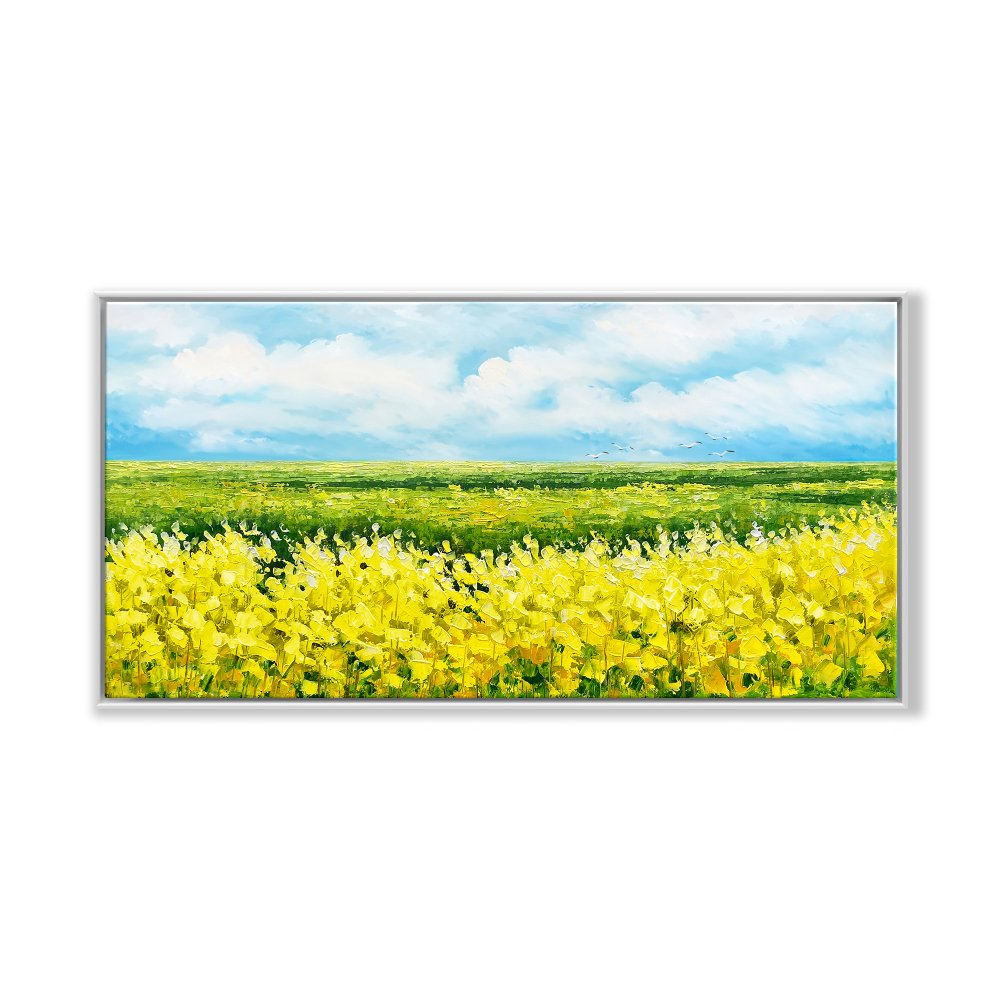 Vibrant Yellow Flower Fields Under Blue Sky - Stunning Oil Painting for Home Décor