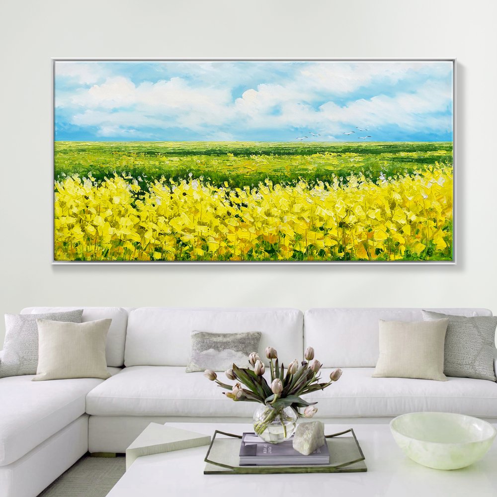 Vibrant Yellow Flower Fields Under Blue Sky - Stunning Oil Painting for Home Décor