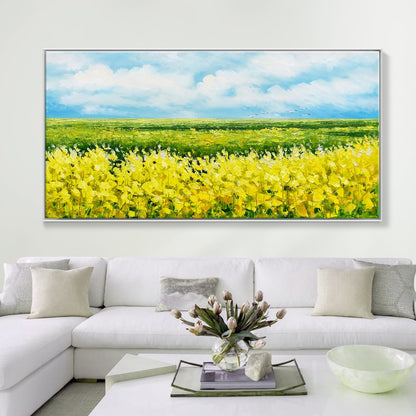 Vibrant Yellow Flower Fields Under Blue Sky - Stunning Oil Painting for Home Décor