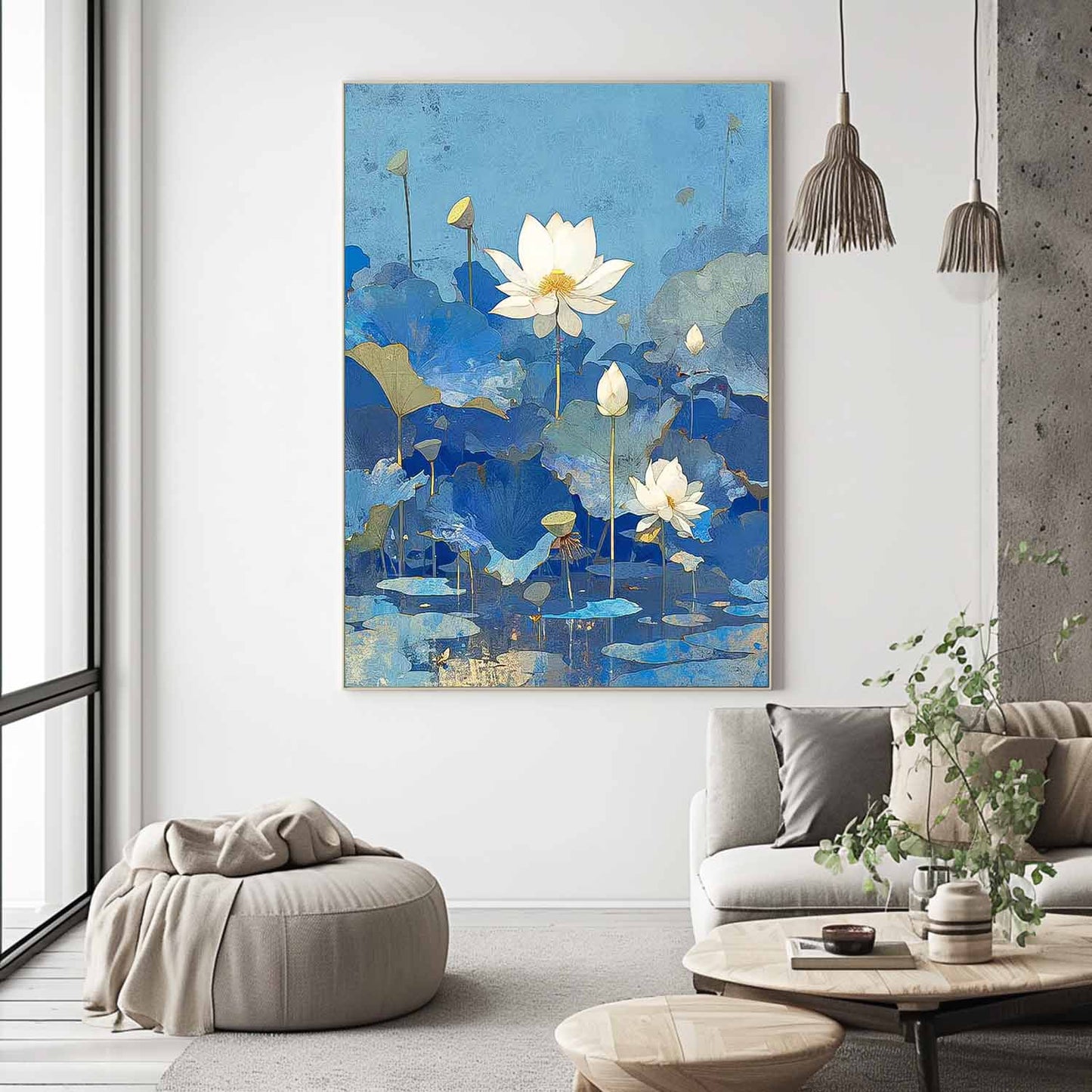 Tranquil Lotus Flowers Oil Painting on Vibrant Blue Canvas