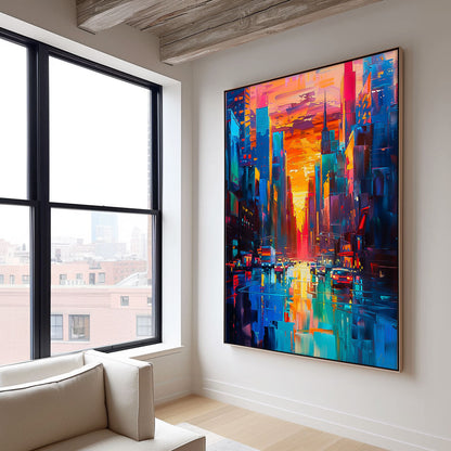 Vibrant Sunset Cityscape Oil Painting - Modern Urban Architecture Artwork