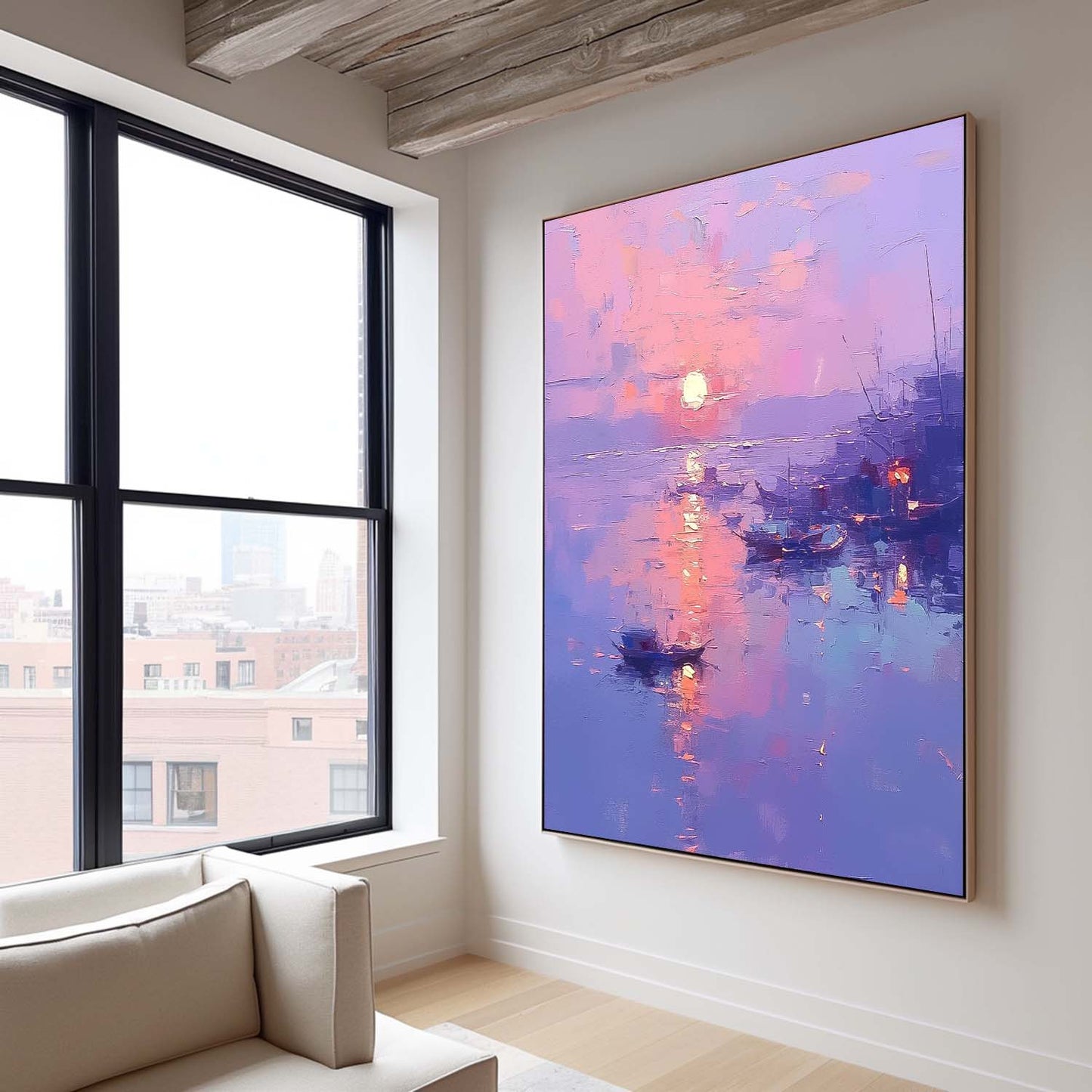 Serene Sunset Over Water: Vibrant Oil Painting of Boats and Reflections
