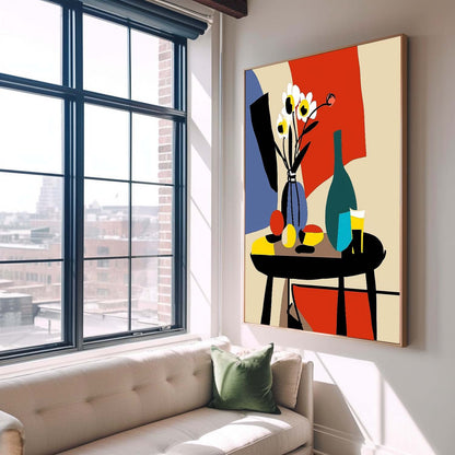 Modern Floral Still Life Oil Painting with Colorful Vase and Fruit Table Decor