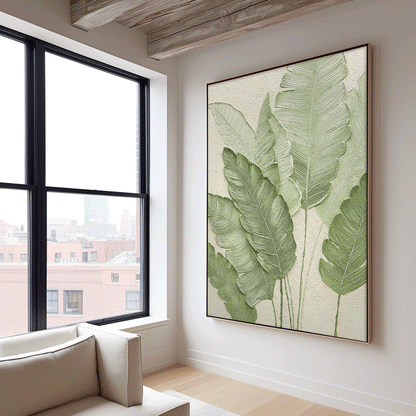Tropical Green Leaf Oil Painting for Home Decor and Wall Art