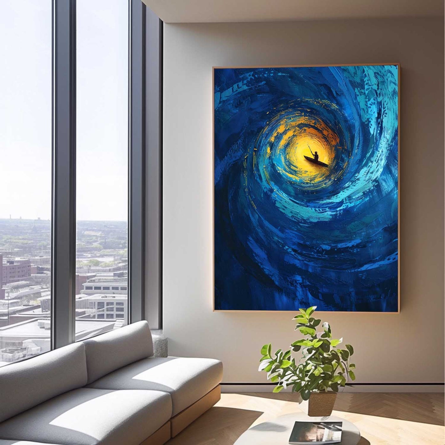 Serene Ocean Swirl: Vibrant Canvas Art of a Kayaker in Tranquil Waters