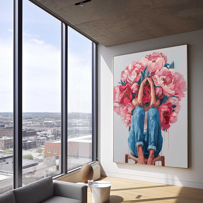 Floral Embrace: Vibrant Oil Painting of a Woman Surrounded by Blossoming Flowers