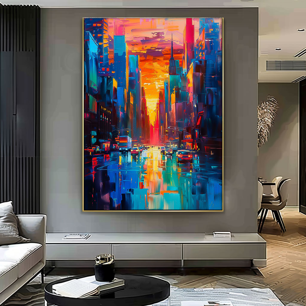 Vibrant Sunset Cityscape Oil Painting - Modern Urban Architecture Artwork