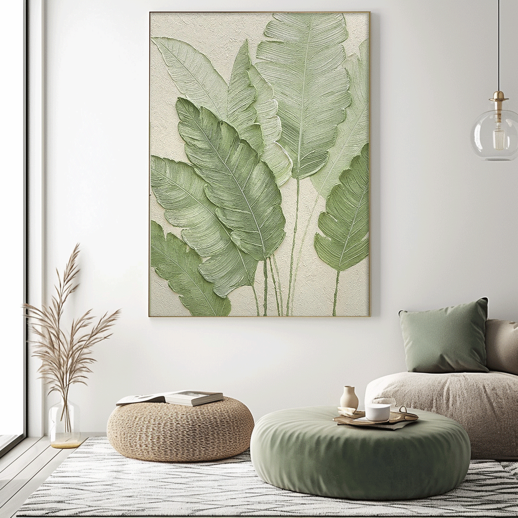 Tropical Green Leaf Oil Painting for Home Decor and Wall Art