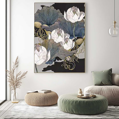 Elegant Flower Oil Painting - Serene Lotus Floral Wall Art for Home Decor