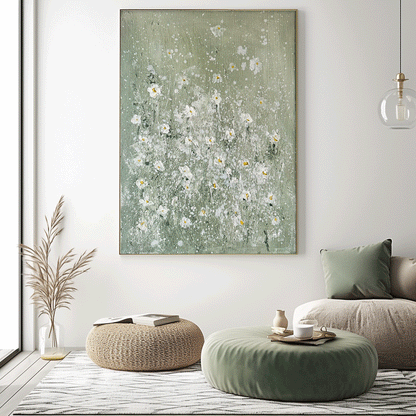 Elegant White Floral Oil Painting on Soft Green Canvas