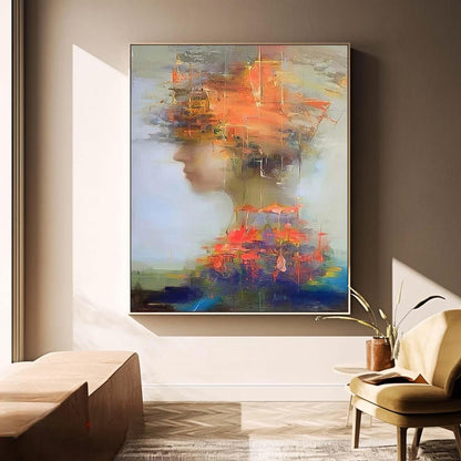 Abstract Oil Painting of a Woman with Vibrant Colors and Expressions