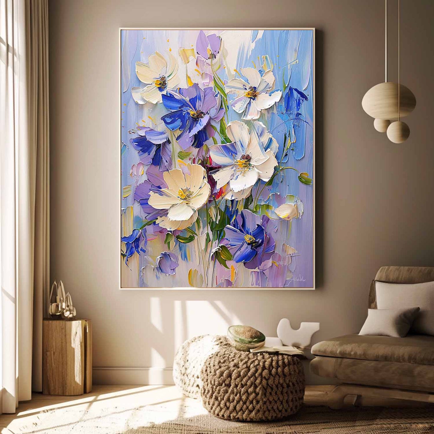 Vibrant Floral Oil Painting - Beautiful Blue and White Flower Art for Home Decor