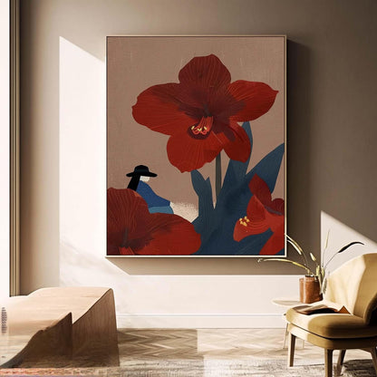 Elegant Red Flower Woman Oil Painting for Modern Home Decor