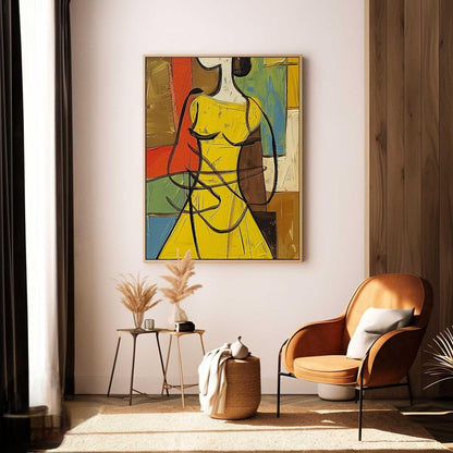 Vibrant Woman in Yellow Dress Abstract Oil Painting for Contemporary Decor