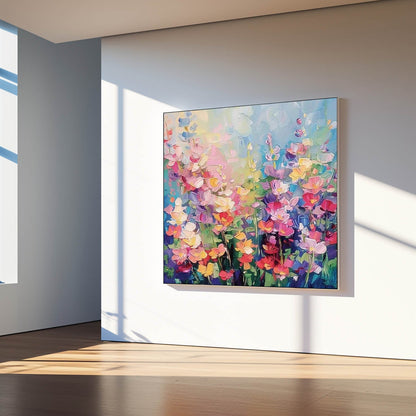 Vibrant Floral Oil Painting with Colorful Blooms and Lush Garden Background