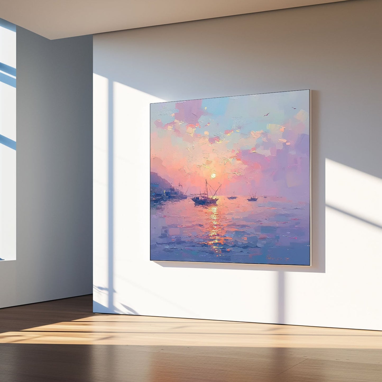 Majestic Sunset Over Tranquil Waters - Serene Oil Painting for Home Decor