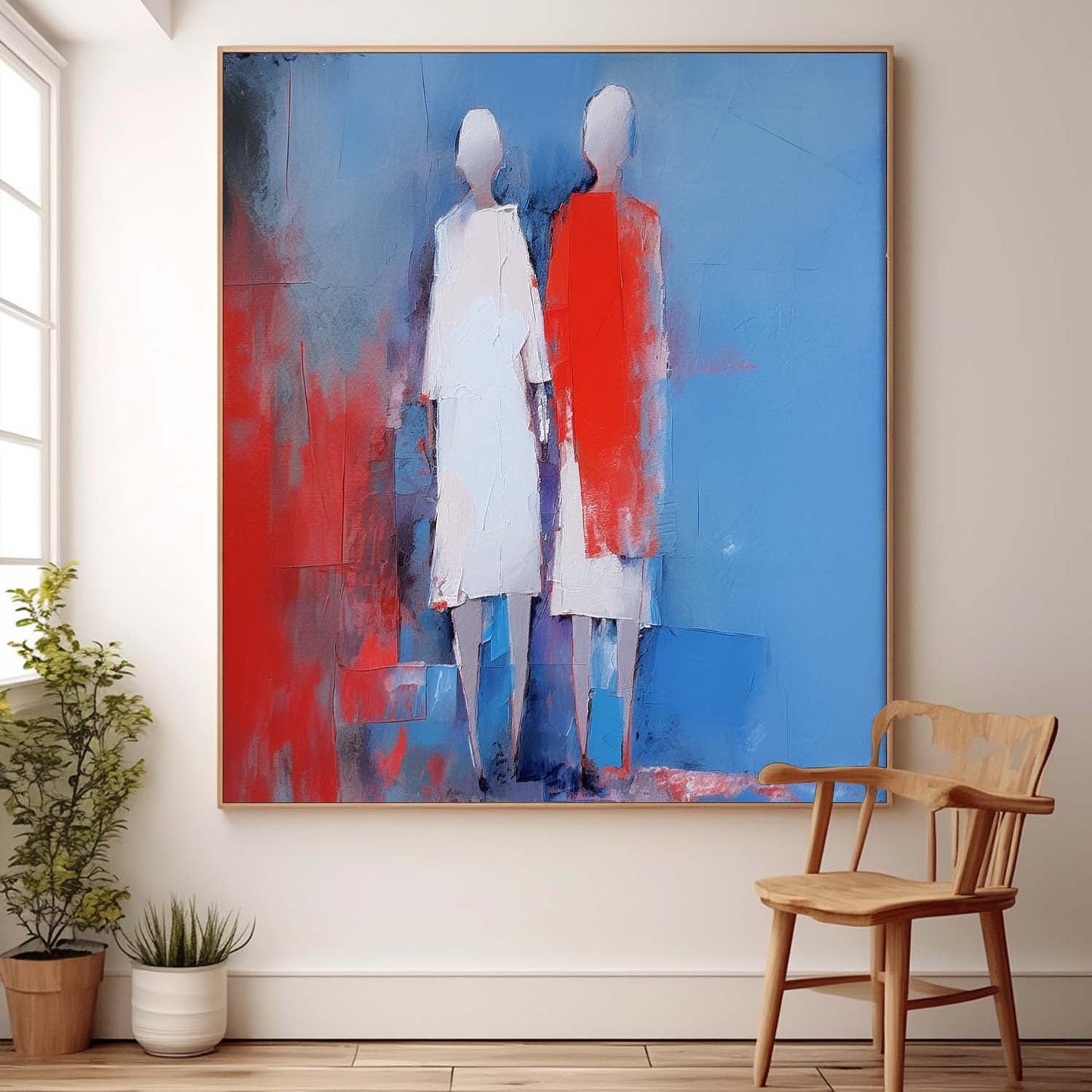 Abstract Oil Painting of Figures in Blue and Red - Modern Canvas Art for Home Decor