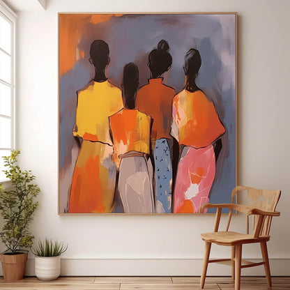 Colorful Abstract Oil Painting of Four Figures on Canvas
