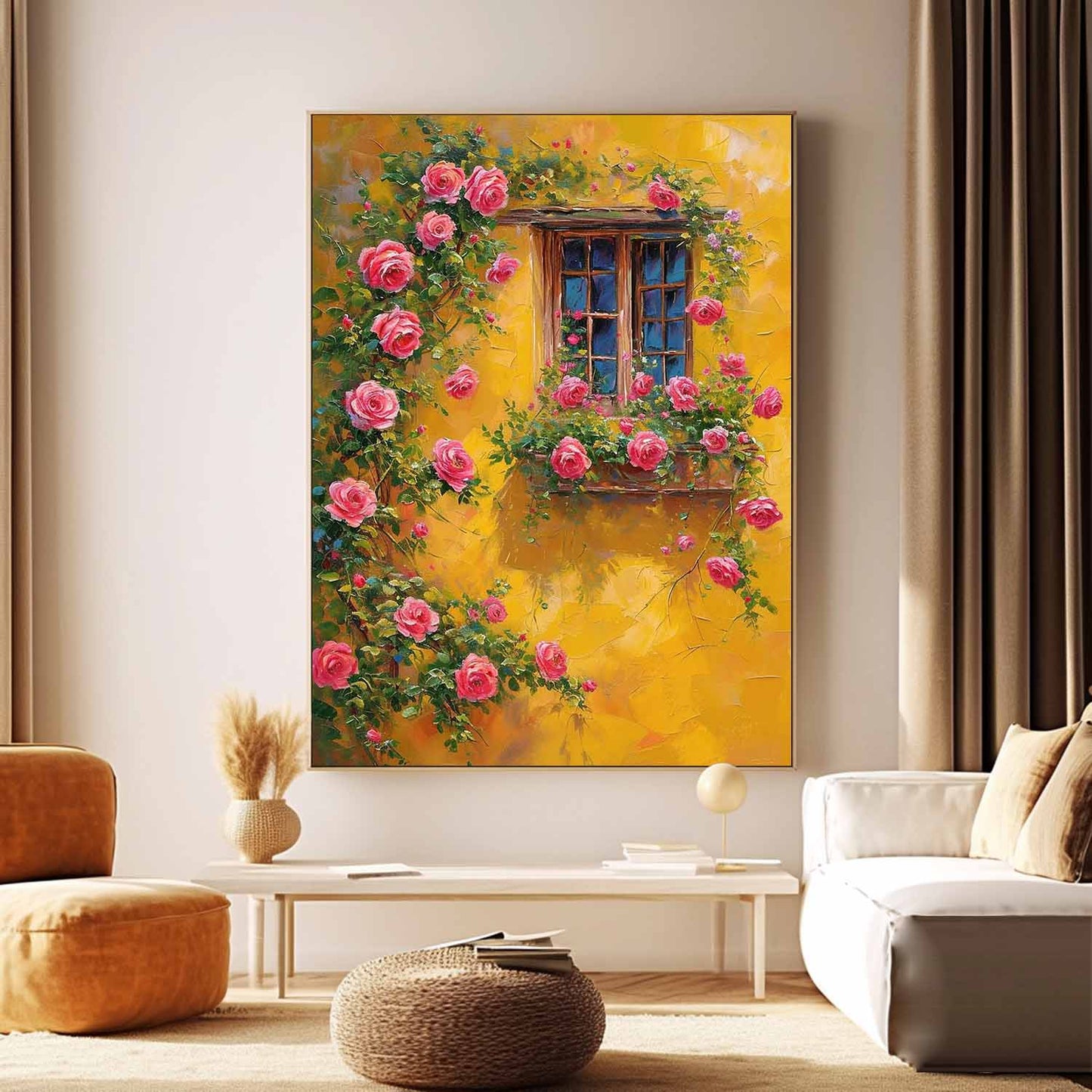 Vibrant Floral Window with Pink Roses and Yellow Wall Oil Painting