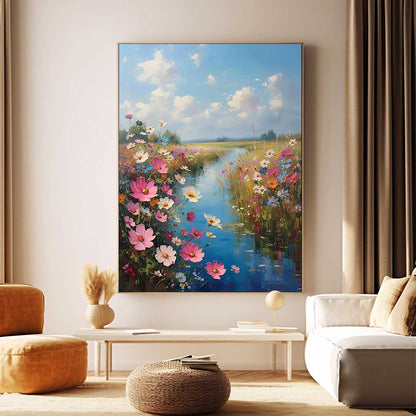 Vibrant Floral Landscape Oil Painting with Serene River and Blue Sky Art
