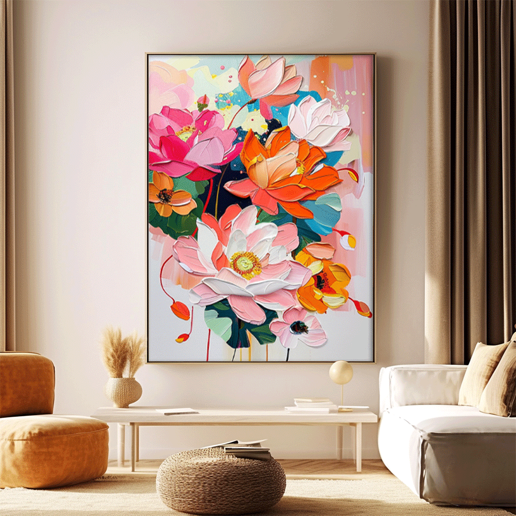 Vibrant Floral Oil Painting - Colorful Canvas Art for Home Decor and Wall Aesthetics