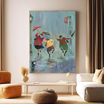 Joyful Rain Dance - Vibrant Oil Painting of People with Umbrellas