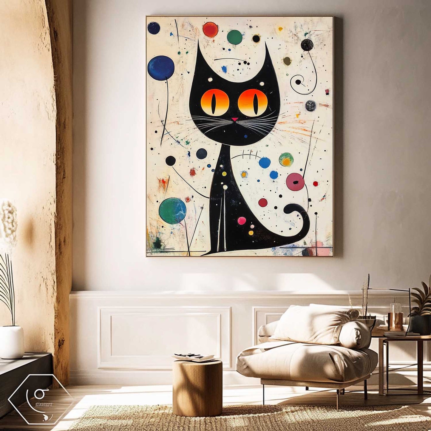 Whimsical Black Cat Oil Painting with Vibrant Colors and Abstract Elements