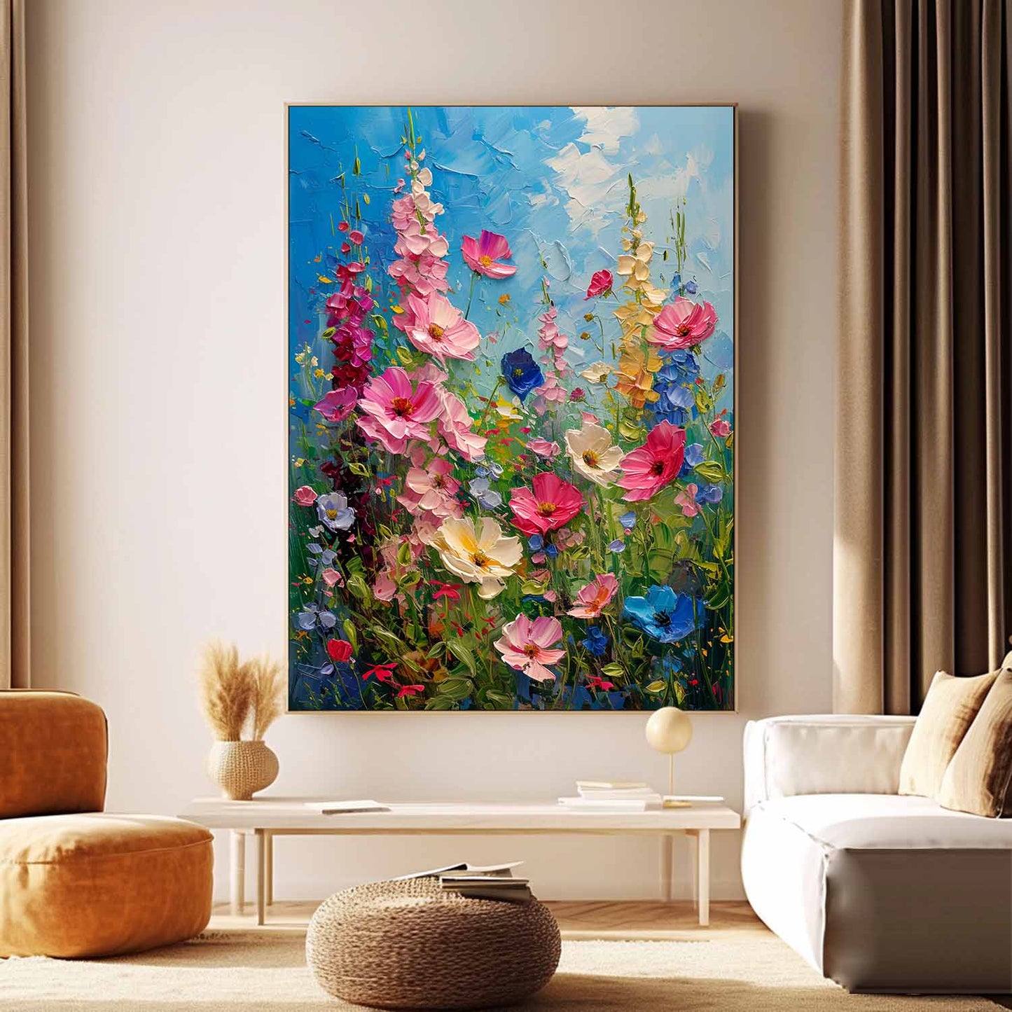Vibrant Blooming Flower Field Oil Painting on Canvas for Home Decor