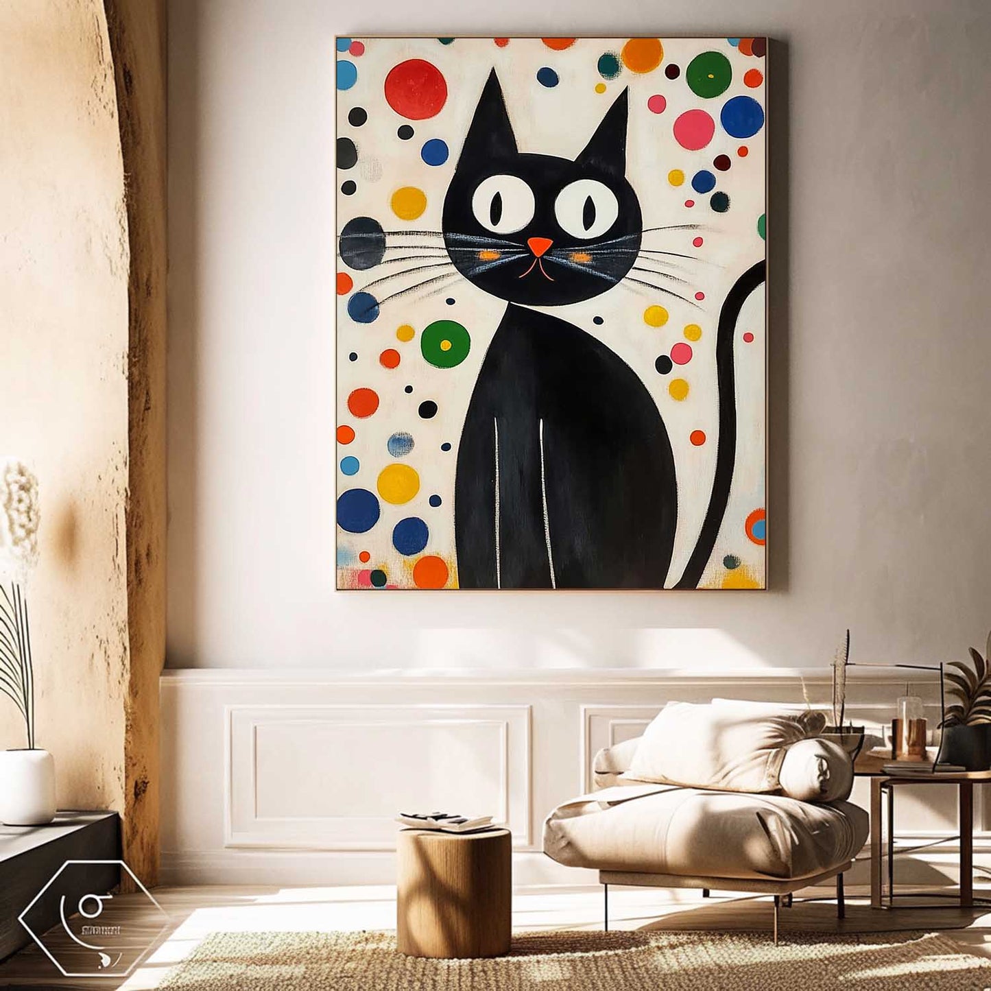 Whimsical Black Cat Oil Painting with Colorful Abstract Background