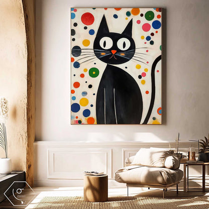 Whimsical Black Cat Oil Painting with Colorful Abstract Background