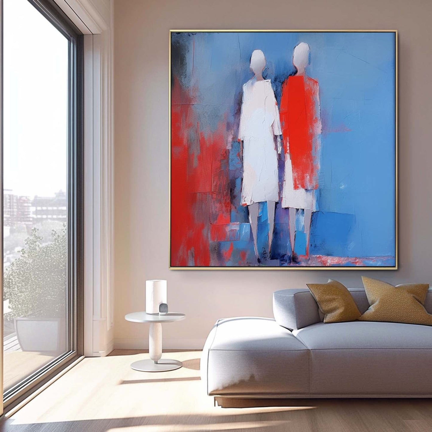 Abstract Oil Painting of Figures in Blue and Red - Modern Canvas Art for Home Decor