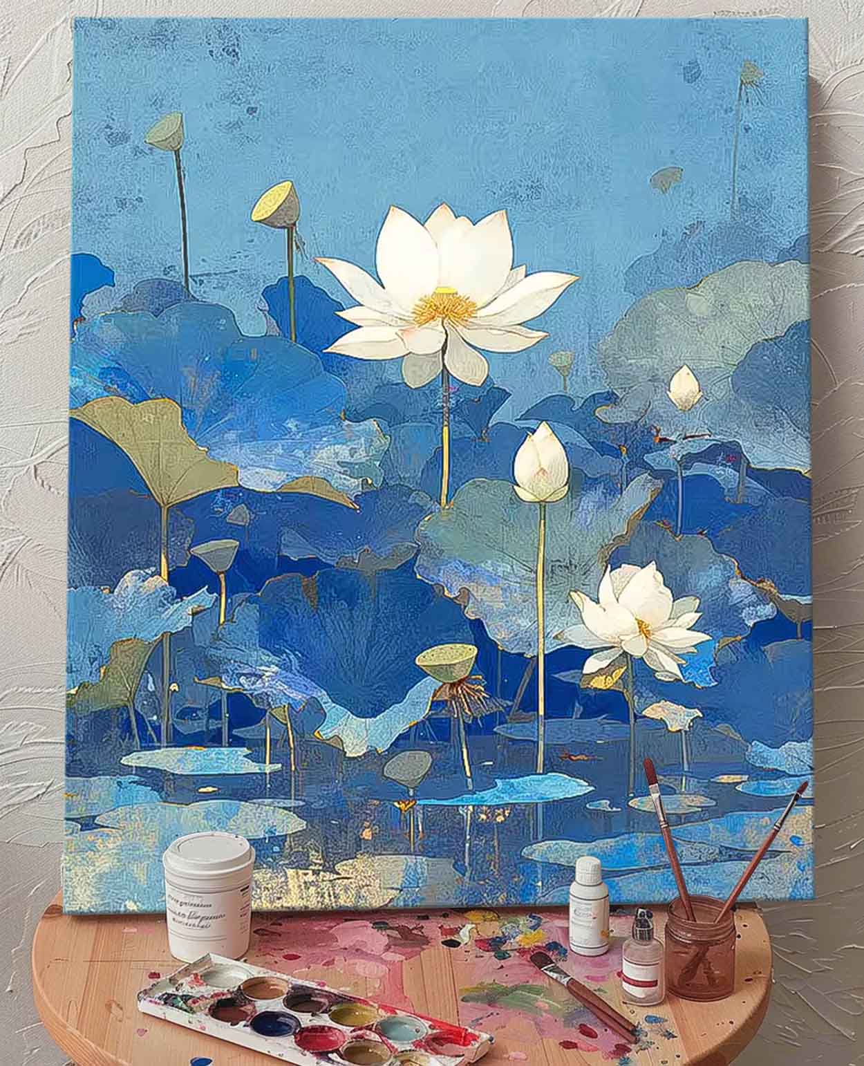 Tranquil Lotus Flowers Oil Painting on Vibrant Blue Canvas