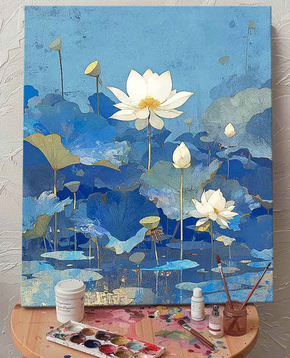 Tranquil Lotus Flowers Oil Painting on Vibrant Blue Canvas