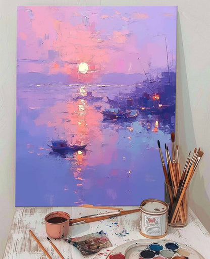 Serene Sunset Over Water: Vibrant Oil Painting of Boats and Reflections