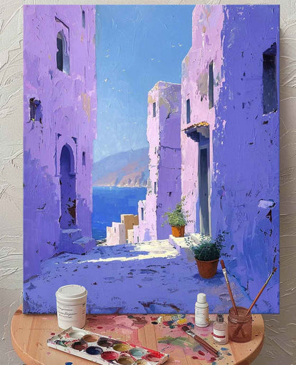 Vibrant Mediterranean Village: Stunning Oil Painting of Coastal Architecture