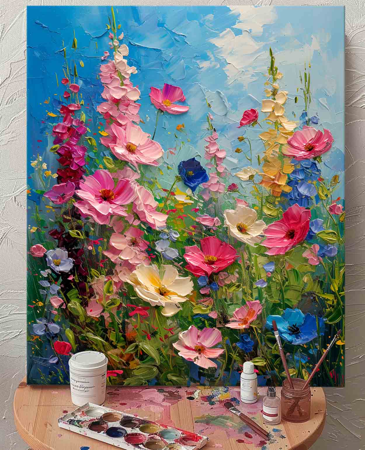 Vibrant Blooming Flower Field Oil Painting on Canvas for Home Decor
