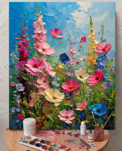Vibrant Blooming Flower Field Oil Painting on Canvas for Home Decor
