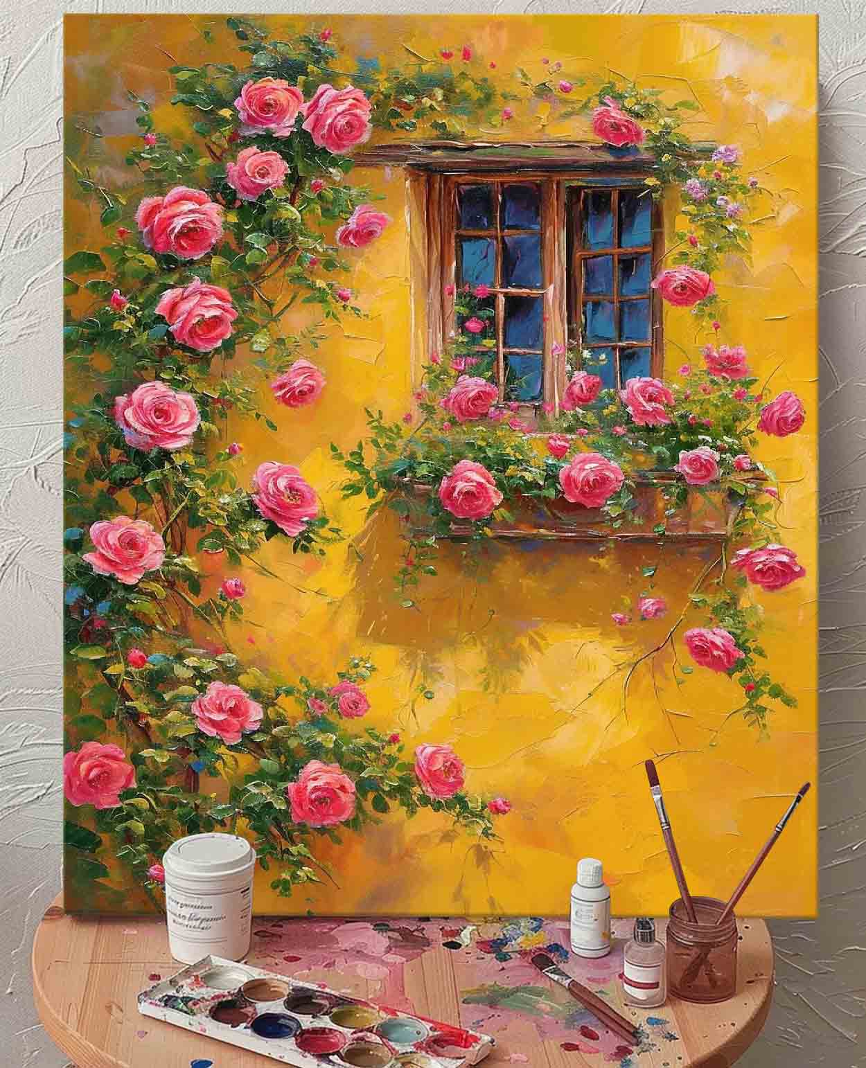 Vibrant Floral Window with Pink Roses and Yellow Wall Oil Painting