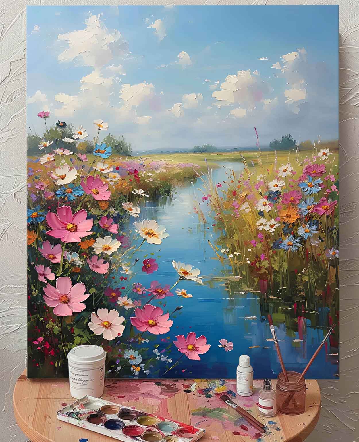 Vibrant Floral Landscape Oil Painting with Serene River and Blue Sky Art