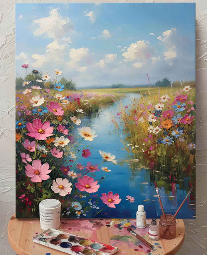 Vibrant Floral Landscape Oil Painting with Serene River and Blue Sky Art