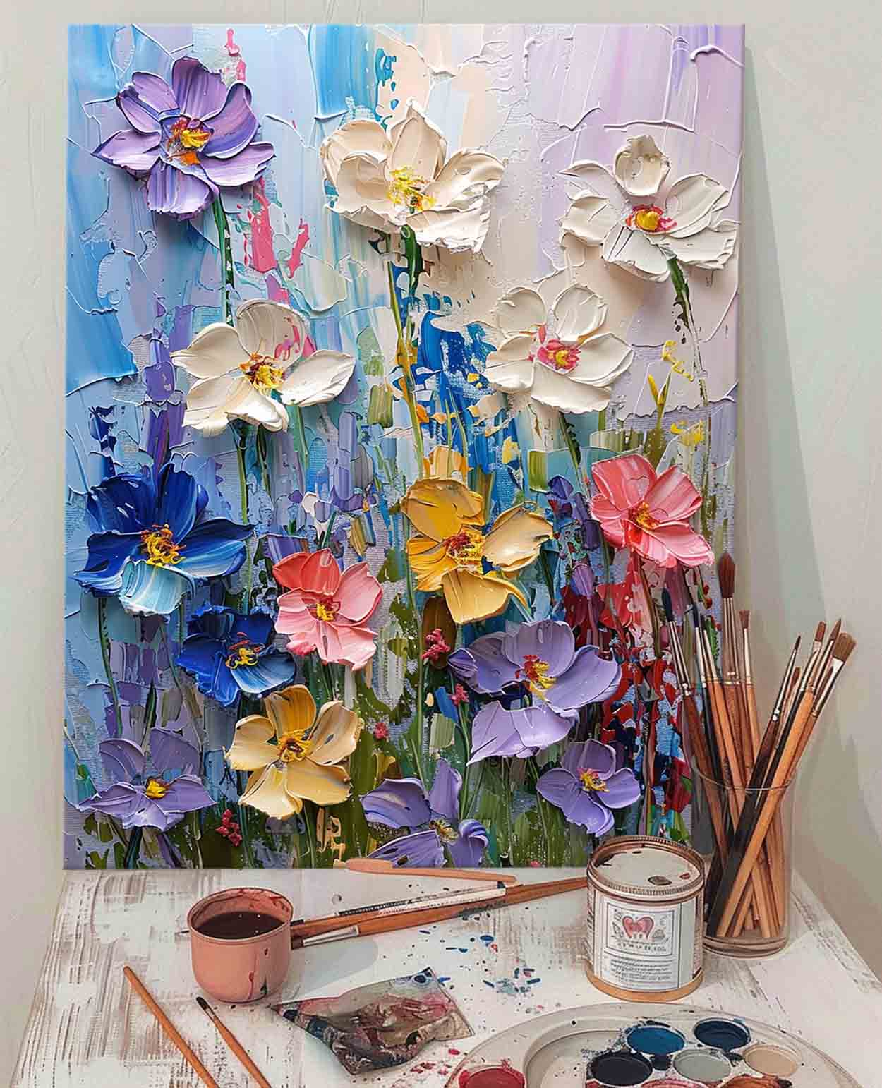 Vibrant Floral Oil Painting for Home Decor | Colorful Blooming Canvas Artwork