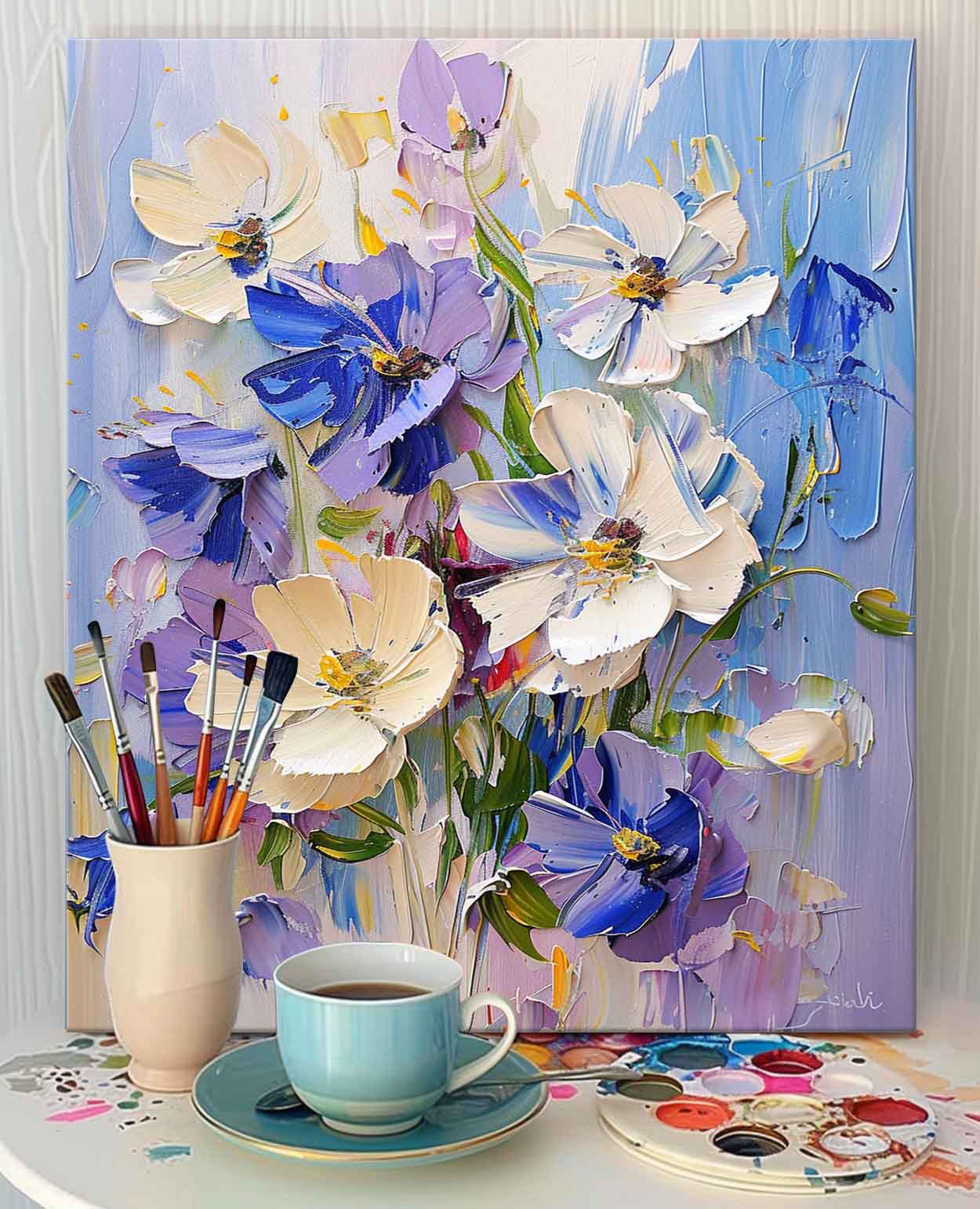 Vibrant Floral Oil Painting - Beautiful Blue and White Flower Art for Home Decor