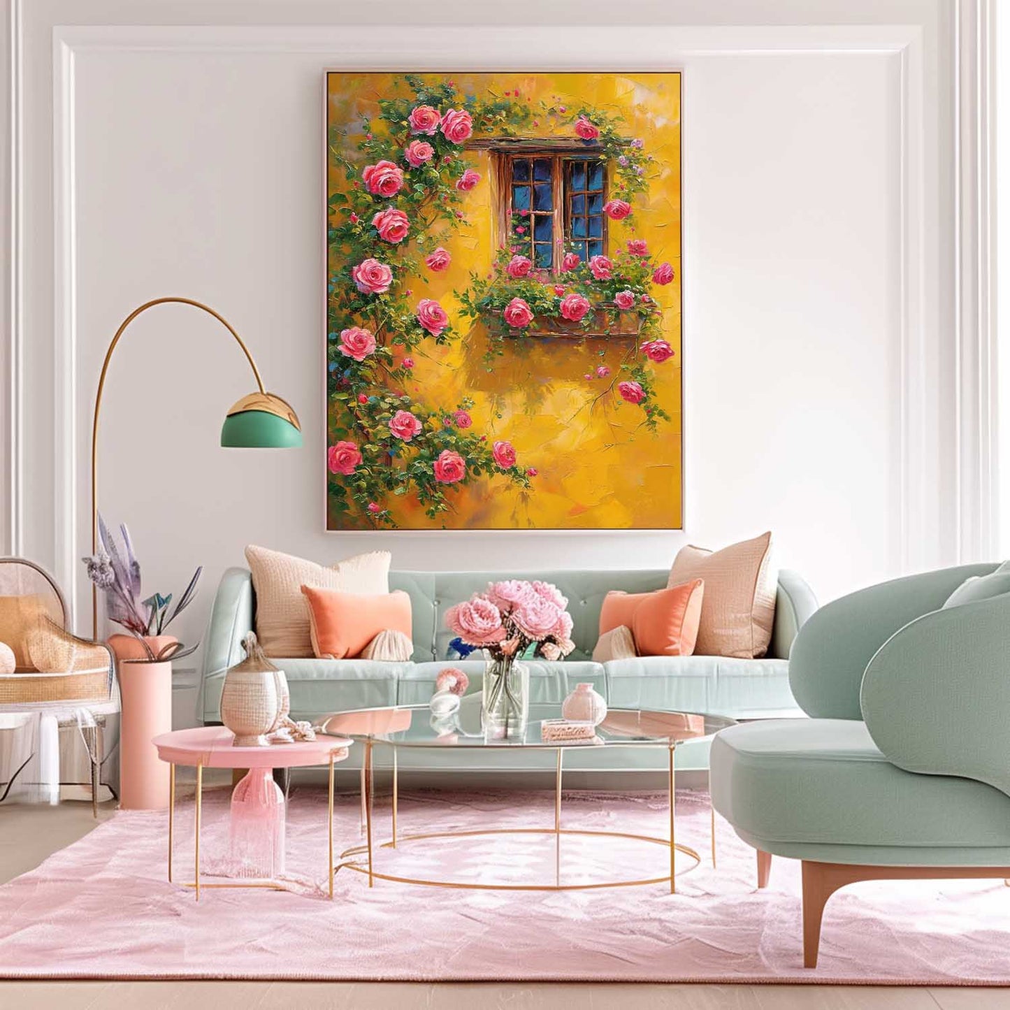 Vibrant Floral Window with Pink Roses and Yellow Wall Oil Painting