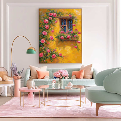 Vibrant Floral Window with Pink Roses and Yellow Wall Oil Painting