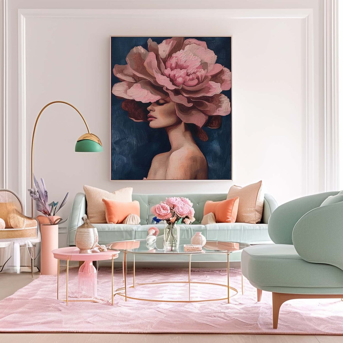 Elegant Floral Woman Portrait in Oil - Modern Canvas Art for Home Décor
