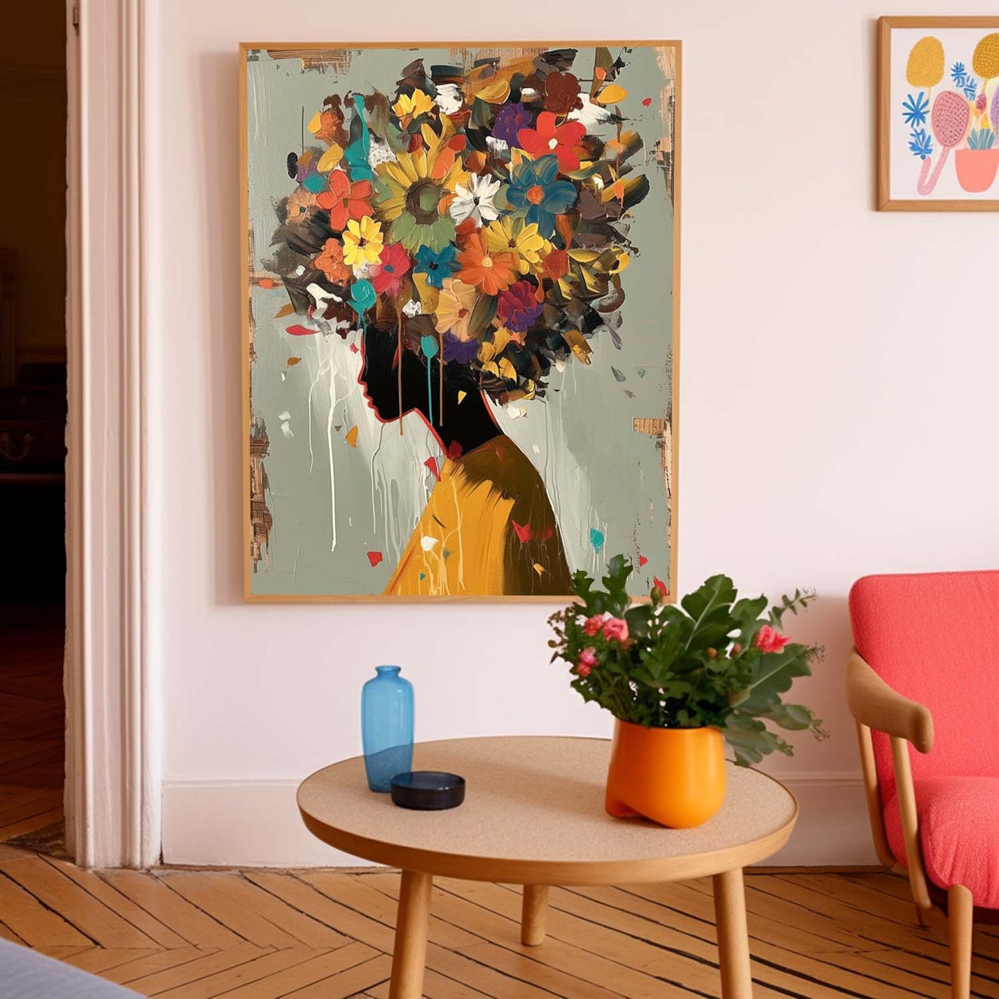 Vibrant Floral Woman Silhouette Oil Painting for Home Decor
