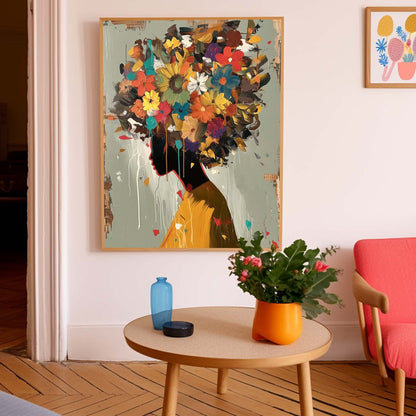 Vibrant Floral Woman Silhouette Oil Painting for Home Decor
