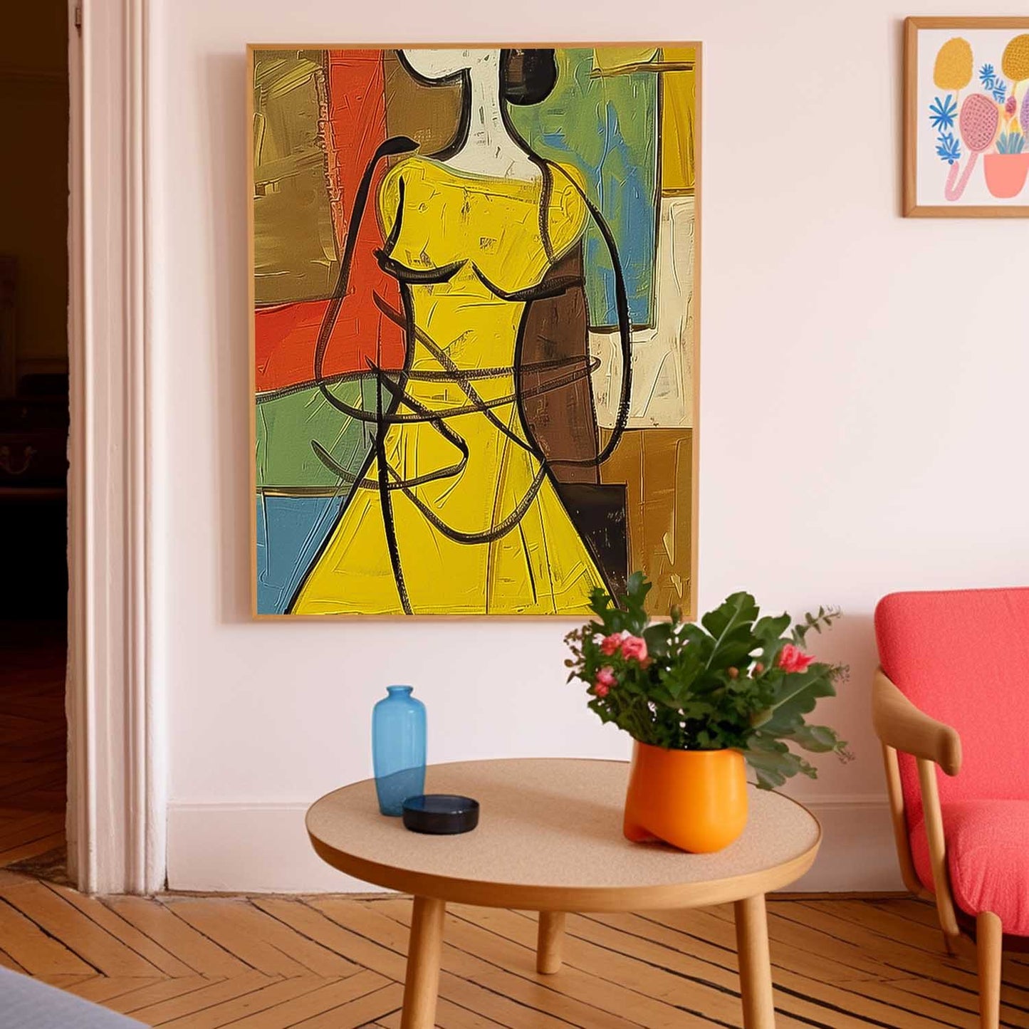 Vibrant Woman in Yellow Dress Abstract Oil Painting for Contemporary Decor