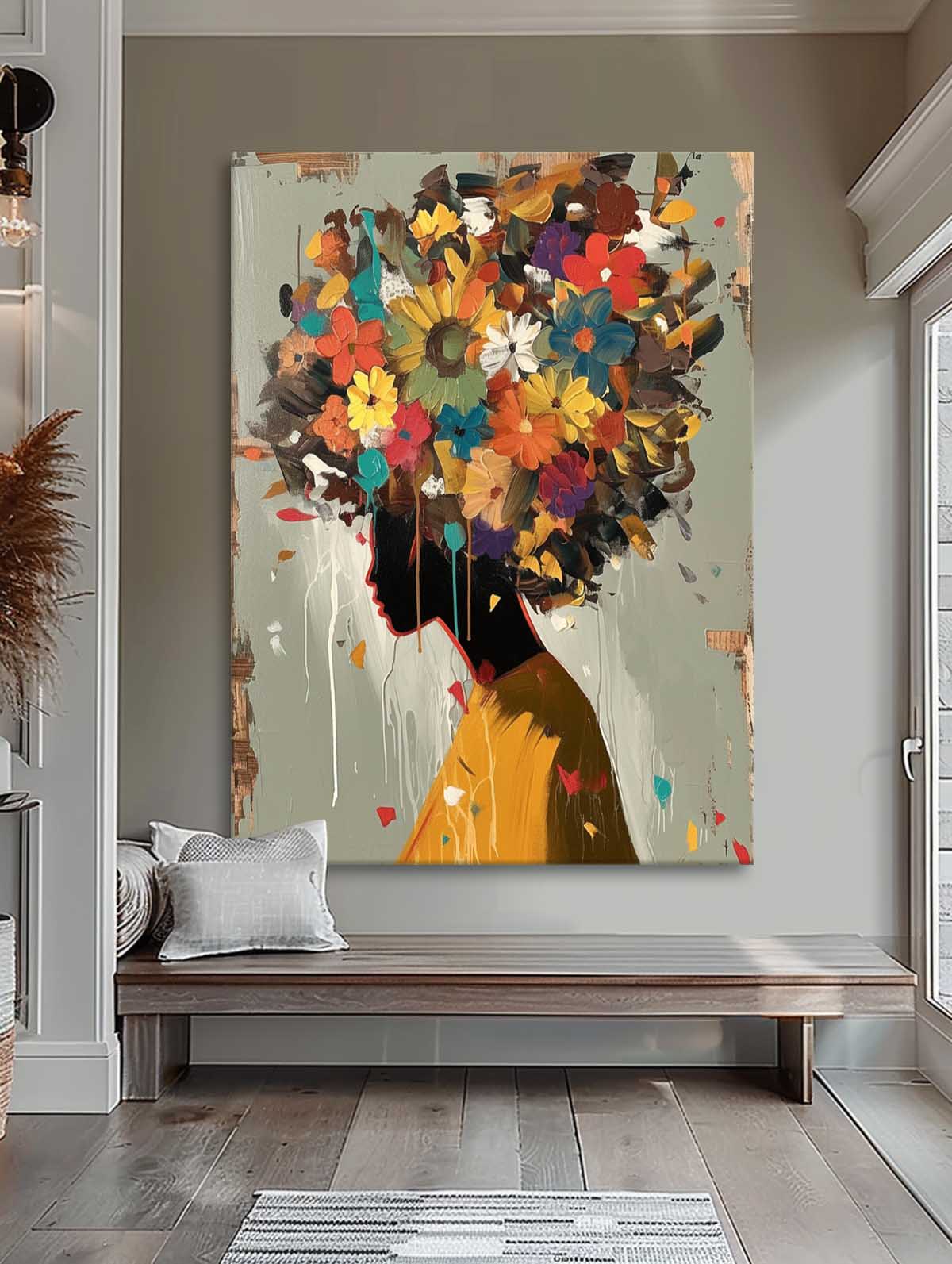 Vibrant Floral Woman Silhouette Oil Painting for Home Decor