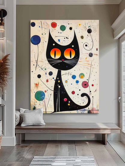 Whimsical Black Cat Oil Painting with Vibrant Colors and Abstract Elements